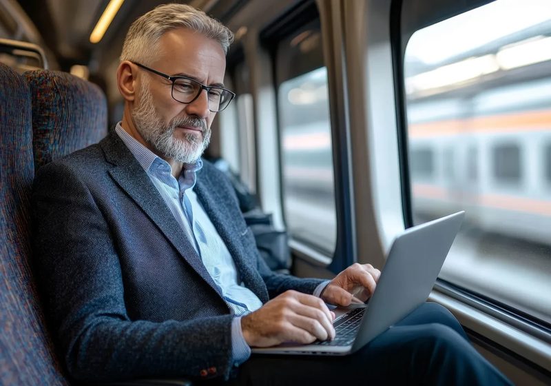 Arzt prüft Befunde am Laptop während einer Zugfahrt