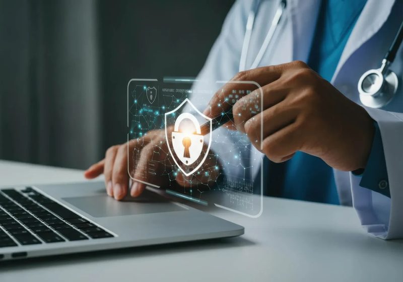 Hand am Laptop mit Schutzsymbol als Sinnbild für Datensicherheit