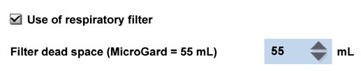 SentrySuite-Einstellung: Atemfilter verwenden, Filtertotraum 55 ml