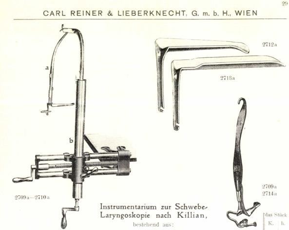 Katalogseite „Carl Reiner & Lieberknecht GmbH, Wien“ mit Laryngoskopen