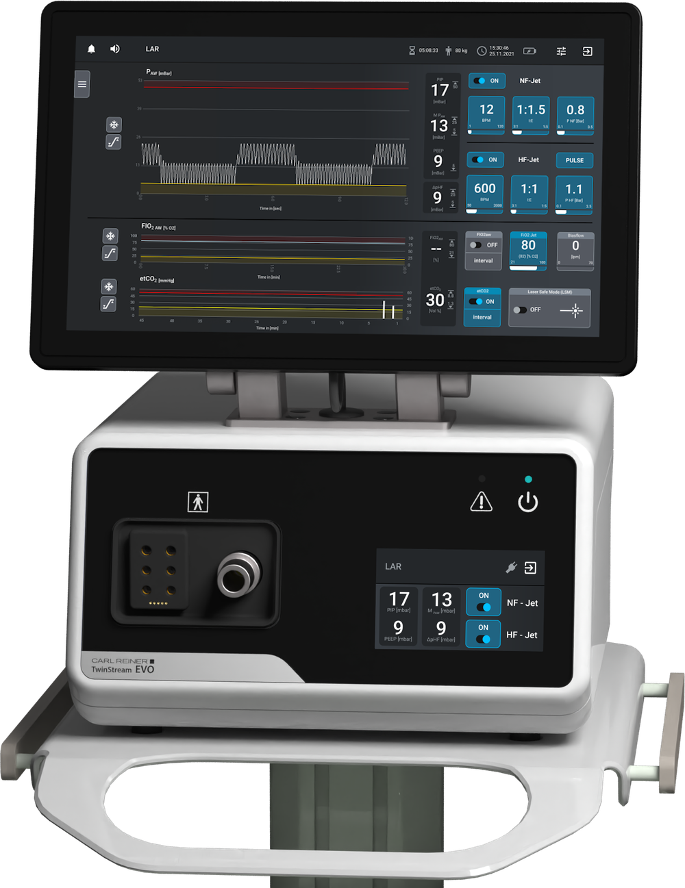 TwinStream EVO mit 15,6-Zoll-Touchscreen, auf dem die Kurven der superponierten Jet-Ventilation laufen