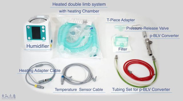 Aufbau des TwinStream ICU: Befeuchter, beheiztes Schlauchsystem, Filter, p-BLV-Konverter und Kabel