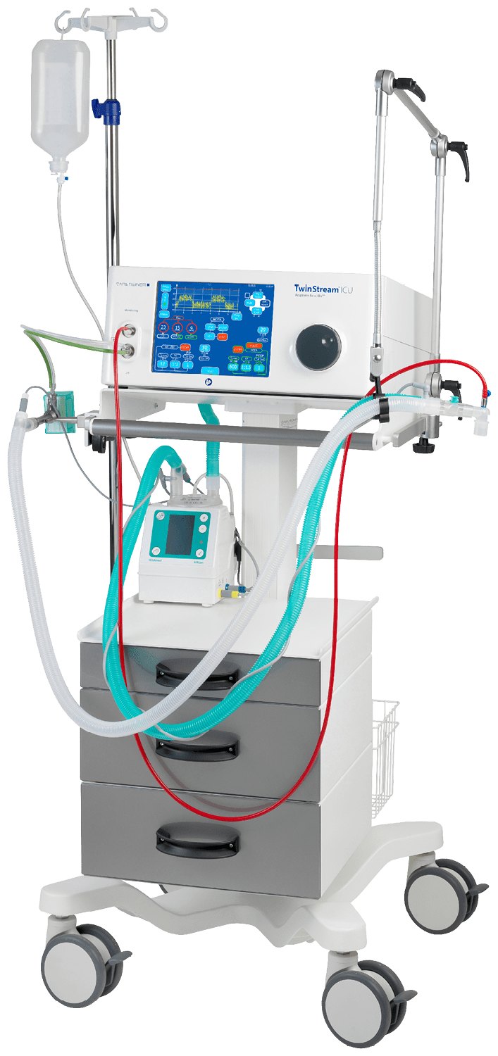 TwinStream ICU Beatmungsgerät auf dem Gerätewagen mit Schlauchsystem, Befeuchter und Infusionsständer