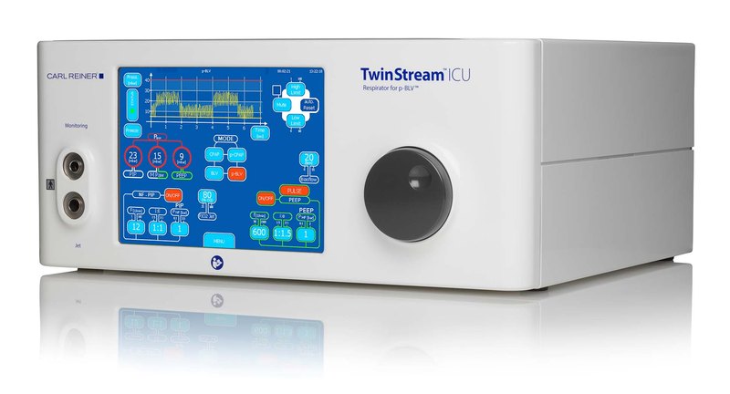 TwinStream ICU Beatmungsgerät mit Touchscreen und Drehknopf, Schrägansicht